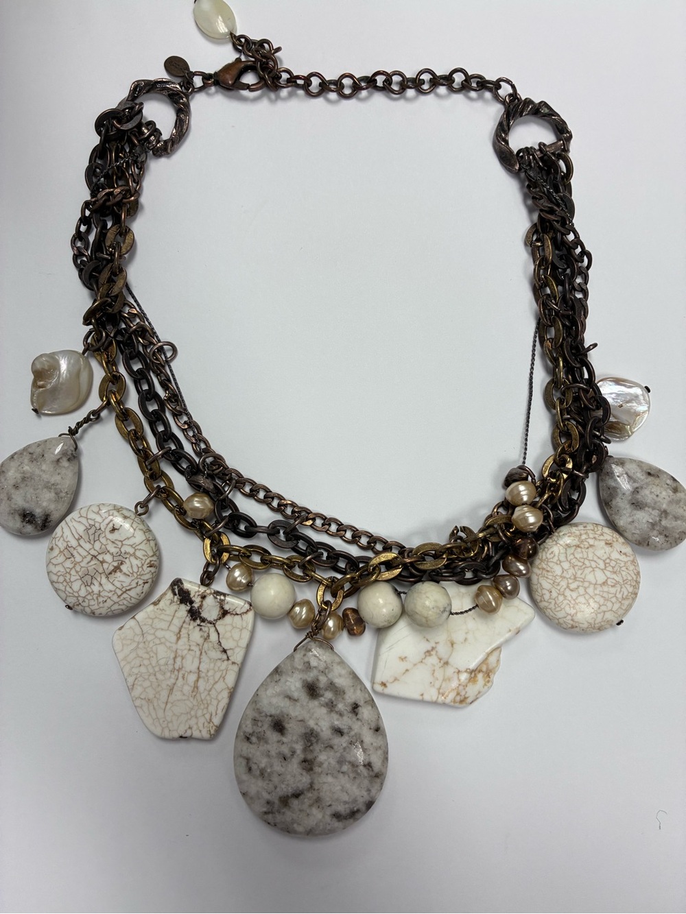 Chico's Multi-Strand White Stone Chunk & Freshwater Pearl Bib Necklace Boho